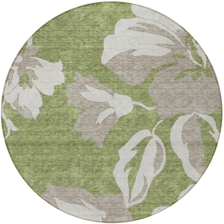 8' Olive Green Taupe And Beige Round Floral Washable Indoor Outdoor Area Rug Photo 6