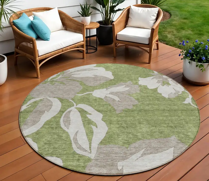 8' Olive Green Taupe And Beige Round Floral Washable Indoor Outdoor Area Rug Photo 1