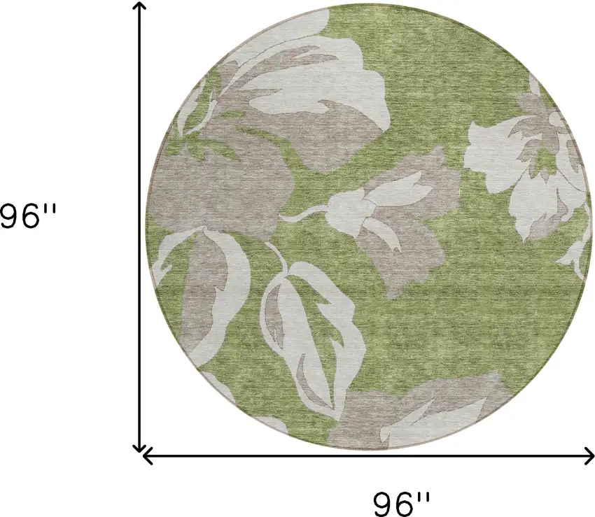 8' Olive Green Taupe And Beige Round Floral Washable Indoor Outdoor Area Rug Photo 3