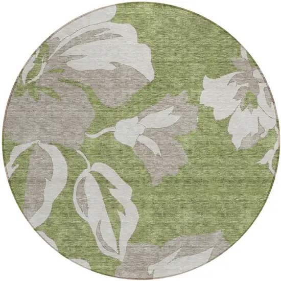 8' Olive Green Taupe And Beige Round Floral Washable Indoor Outdoor Area Rug Photo 2
