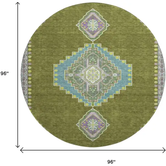 8' Olive Green Teal And Purple Oriental Washable Round Rug With UV Protection Photo 9
