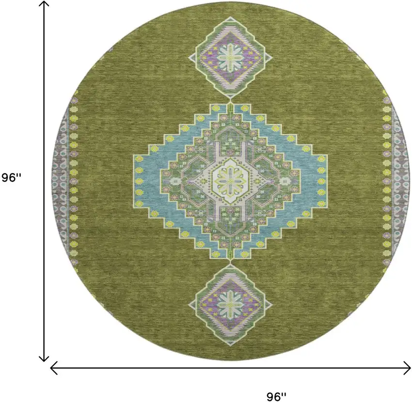 8' Olive Green Teal And Purple Oriental Washable Round Rug With UV Protection Photo 9