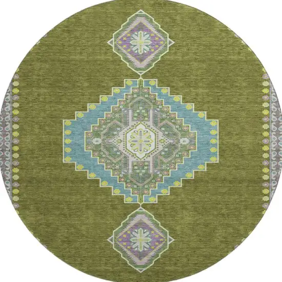 8' Olive Green Teal And Purple Oriental Washable Round Rug With UV Protection Photo 2