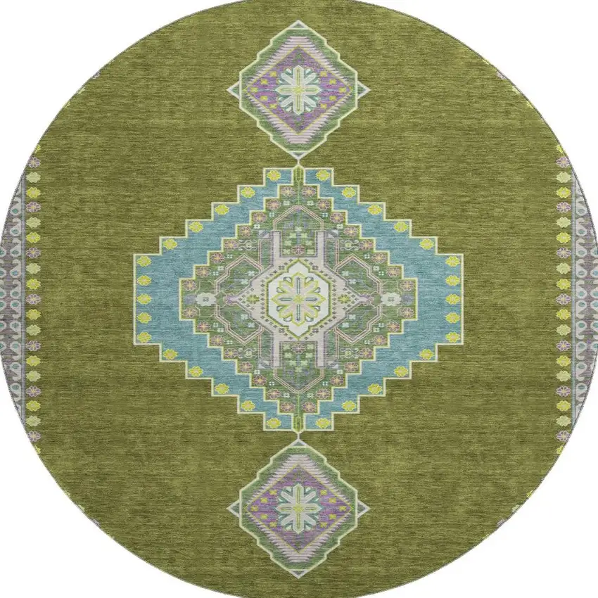 8' Olive Green Teal And Purple Oriental Washable Round Rug With UV Protection Photo 2