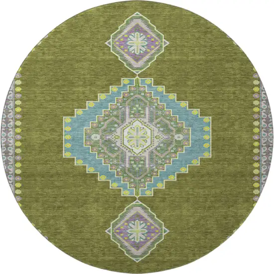 8' Olive Green Teal And Purple Oriental Washable Round Rug With UV Protection Photo 3