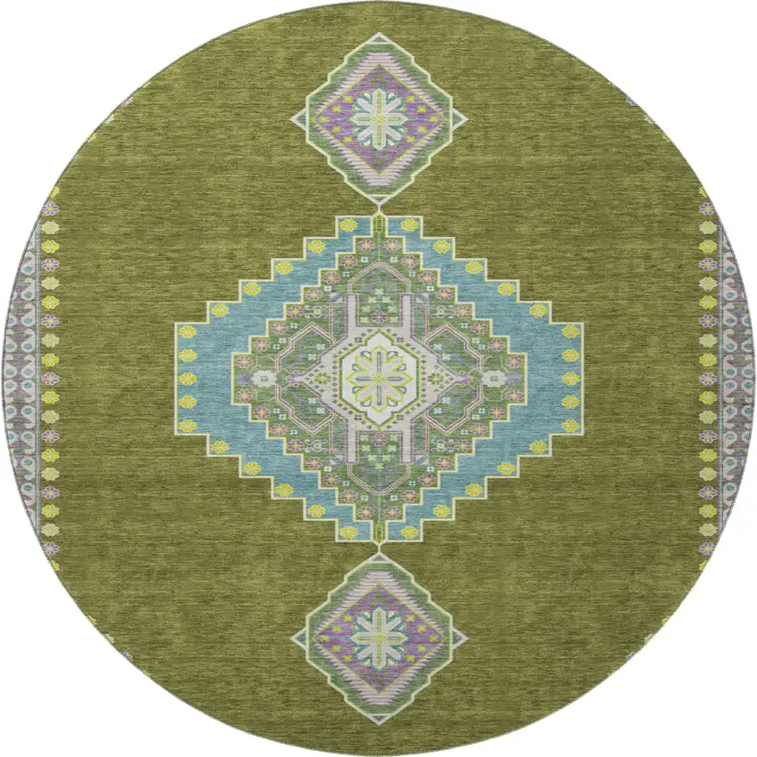 8' Olive Green Teal And Purple Oriental Washable Round Rug With UV Protection Photo 3