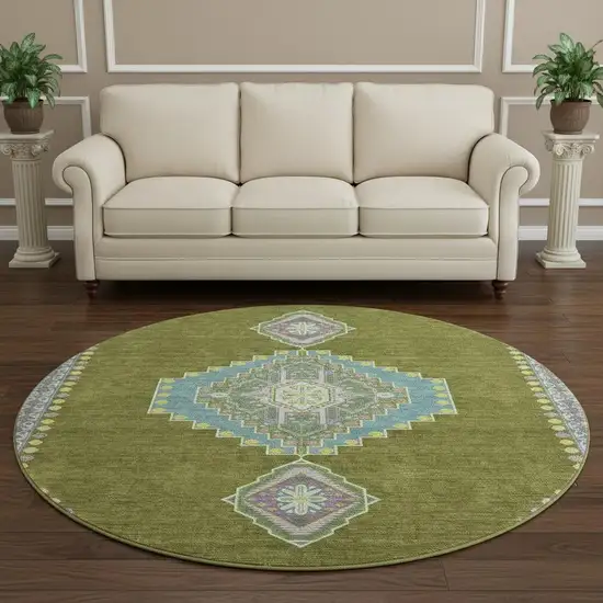 8' Olive Green Teal And Purple Oriental Washable Round Rug With UV Protection Photo 2