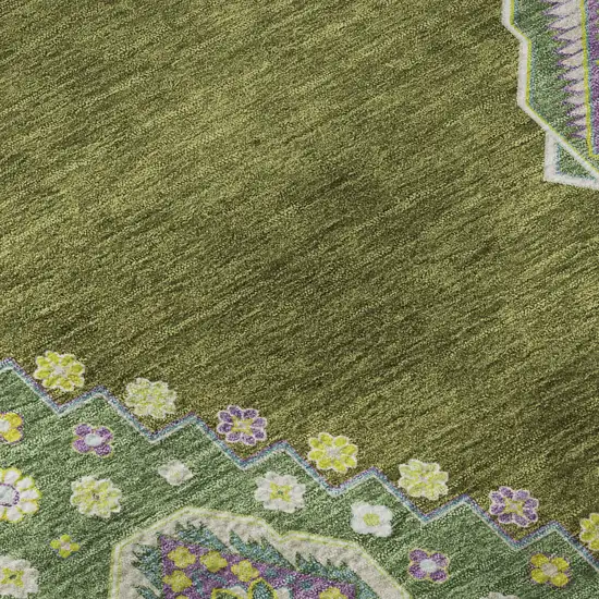 8' Olive Green Teal And Purple Oriental Washable Round Rug With UV Protection Photo 8