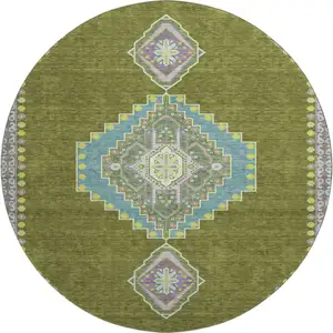 Photo of 8' Olive Green Teal And Purple Oriental Washable Round Rug With UV Protection
