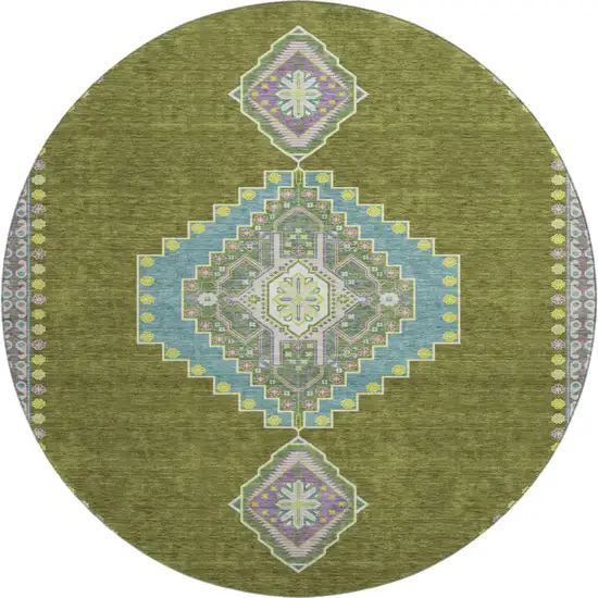 8' Olive Green Teal And Purple Oriental Washable Round Rug With UV Protection Photo 1