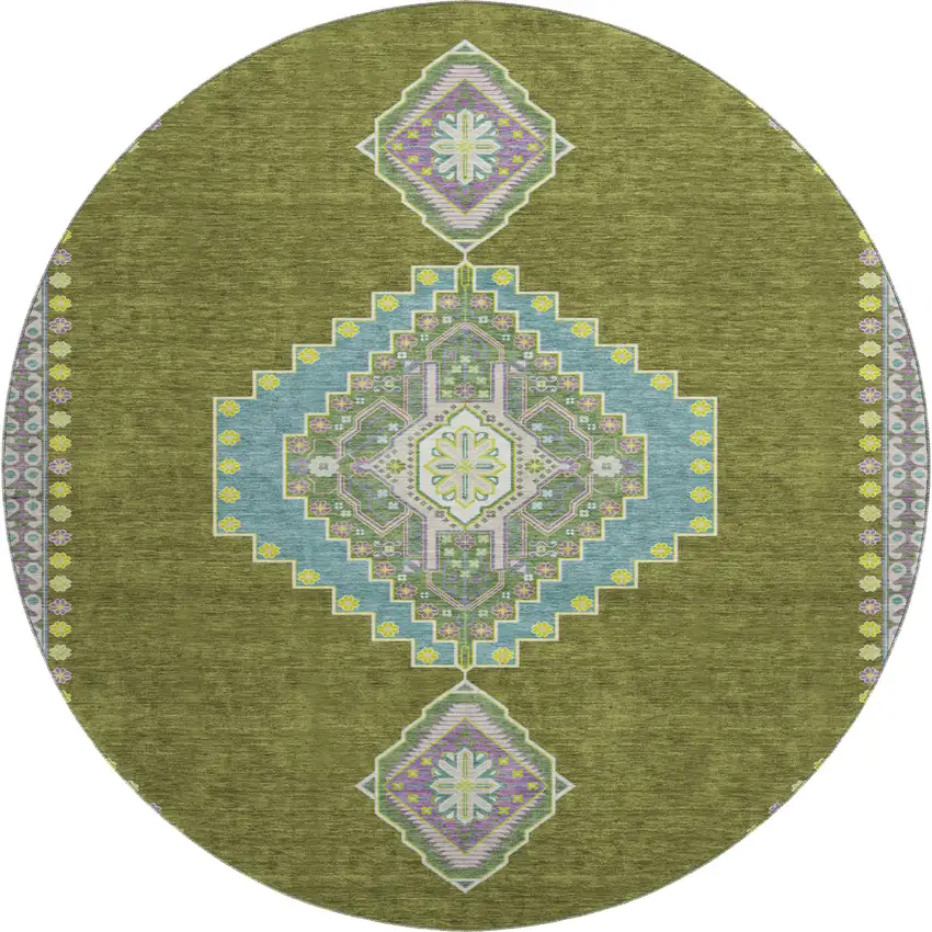 8' Olive Green Teal And Purple Oriental Washable Round Rug With UV Protection Photo 1