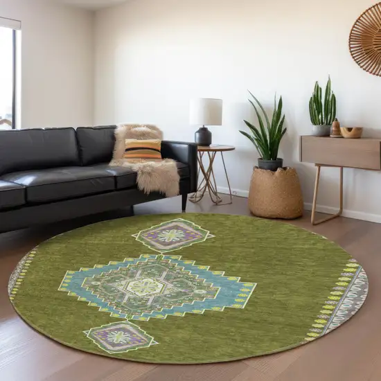 8' Olive Green Teal And Purple Oriental Washable Round Rug With UV Protection Photo 4