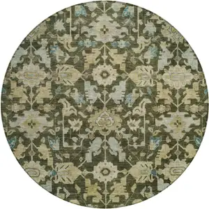 Photo of 8' Olive Green Teal Blue And Gold Round Floral Washable Indoor Outdoor Area Rug