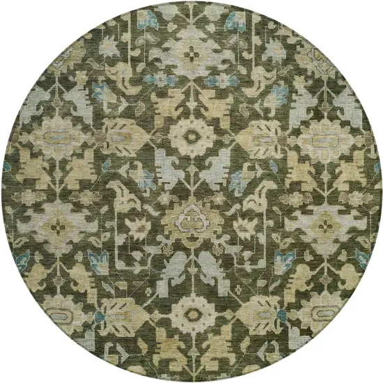 8' Olive Green Teal Blue And Gold Round Floral Washable Indoor Outdoor Area Rug Photo 1