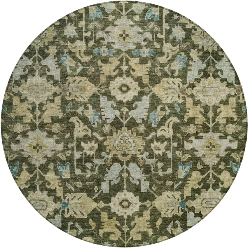 8' Olive Green Teal Blue And Gold Round Floral Washable Indoor Outdoor Area Rug Photo 1