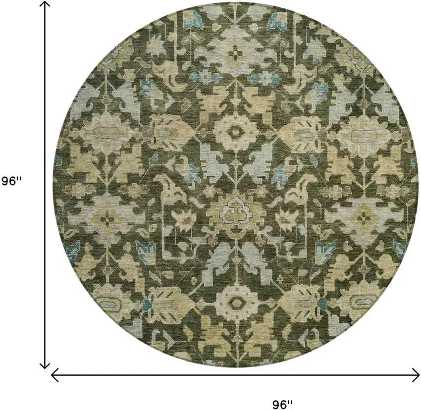 8' Olive Green Teal Blue And Gold Round Floral Washable Indoor Outdoor Area Rug Photo 8