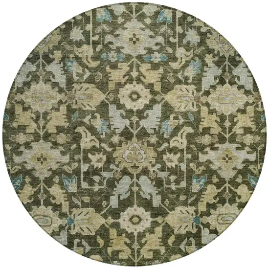 8' Olive Green Teal Blue And Gold Round Floral Washable Indoor Outdoor Area Rug Photo 3