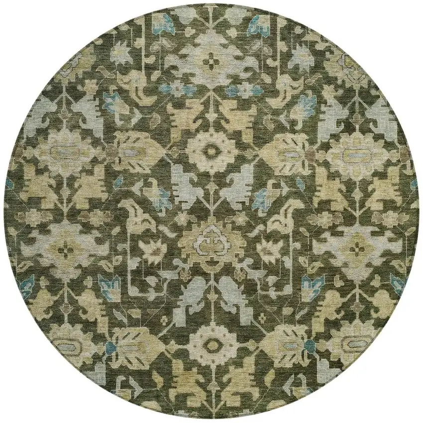 8' Olive Green Teal Blue And Gold Round Floral Washable Indoor Outdoor Area Rug Photo 3
