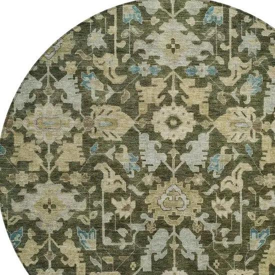 8' Olive Green Teal Blue And Gold Round Floral Washable Indoor Outdoor Area Rug Photo 2