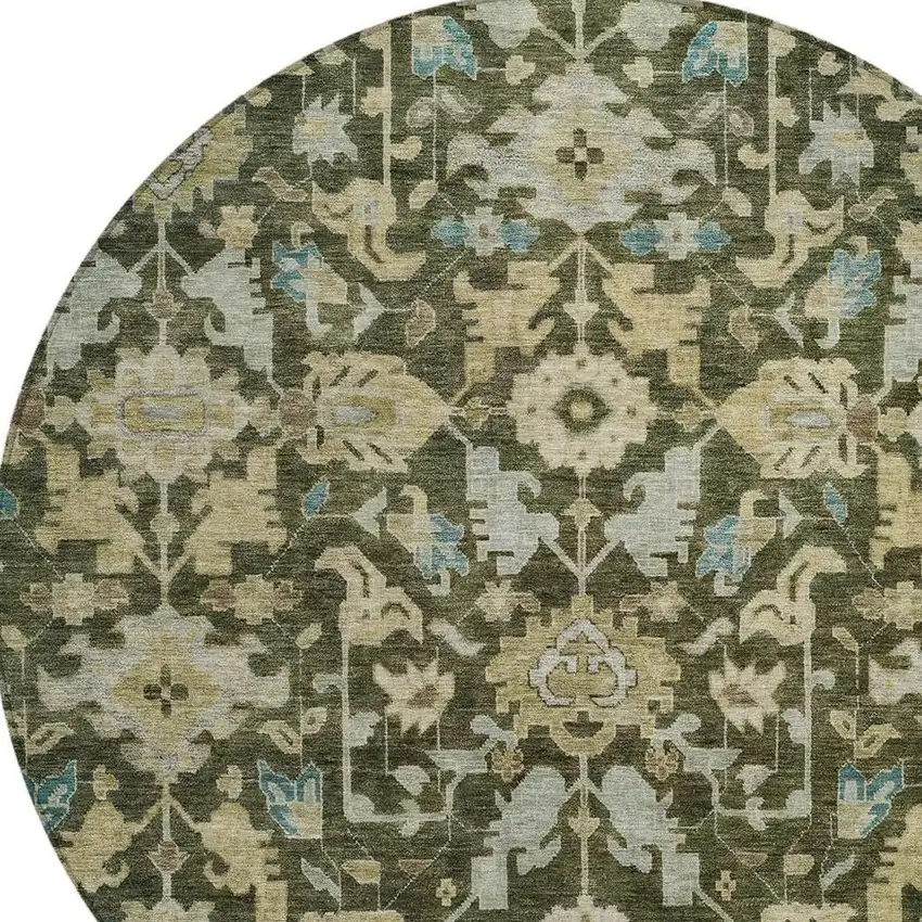 8' Olive Green Teal Blue And Gold Round Floral Washable Indoor Outdoor Area Rug Photo 2