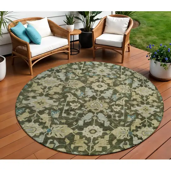 8' Olive Green Teal Blue And Gold Round Floral Washable Indoor Outdoor Area Rug Photo 9