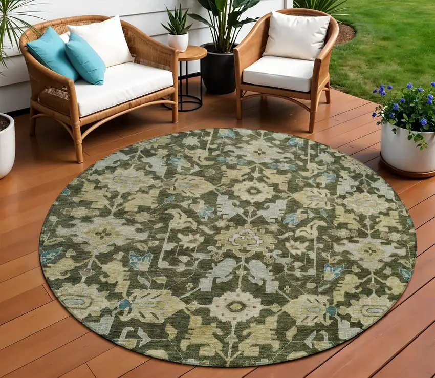 8' Olive Green Teal Blue And Gold Round Floral Washable Indoor Outdoor Area Rug Photo 9