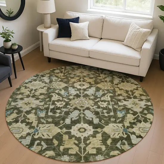 8' Olive Green Teal Blue And Gold Round Floral Washable Indoor Outdoor Area Rug Photo 5