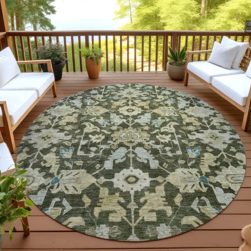8' Olive Green Teal Blue And Gold Round Floral Washable Indoor Outdoor Area Rug Photo 4
