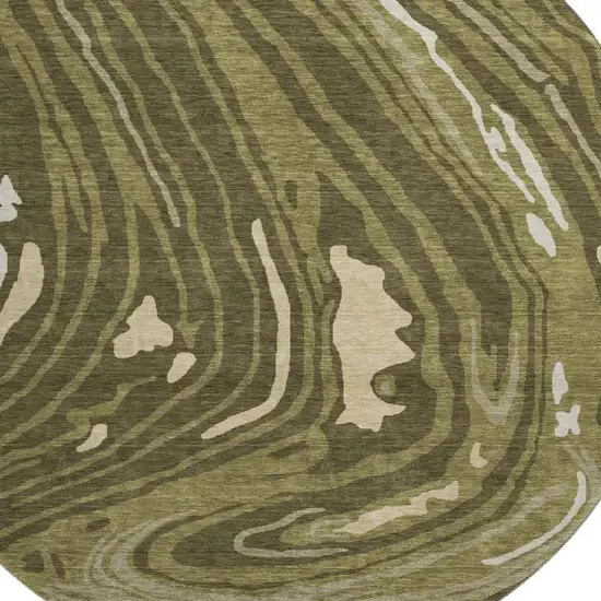 8' Olive Green Wheat And Ivory Abstract Washable Round Rug With UV Protection Photo 2