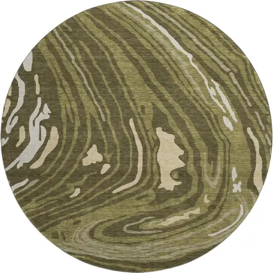 8' Olive Green Wheat And Ivory Abstract Washable Round Rug With UV Protection Photo 1