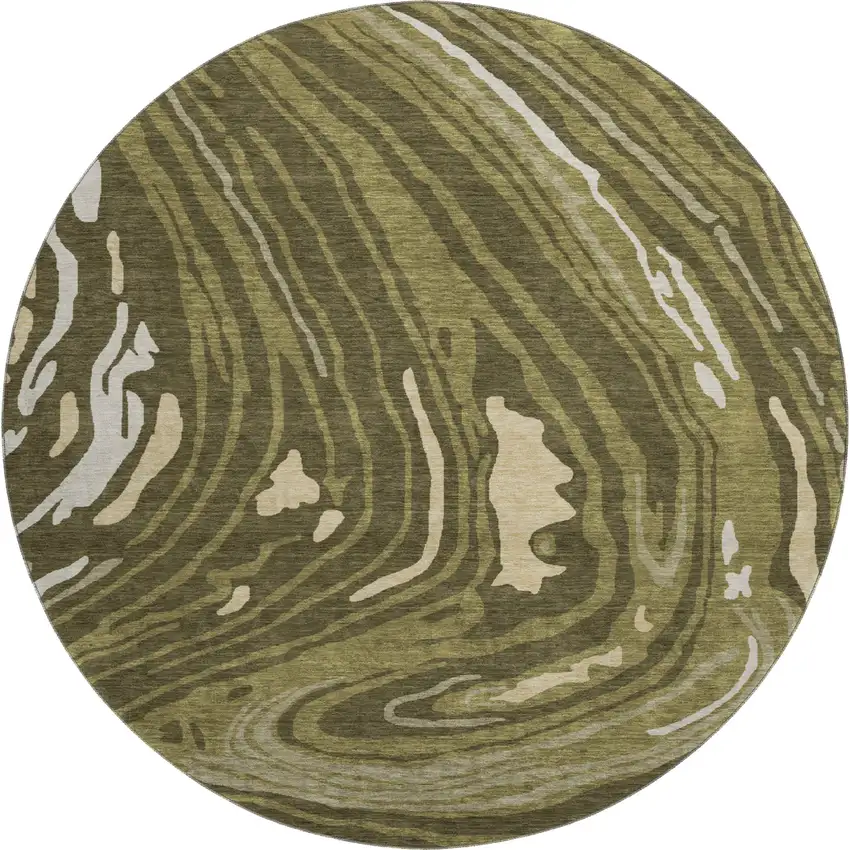 8' Olive Green Wheat And Ivory Abstract Washable Round Rug With UV Protection Photo 1