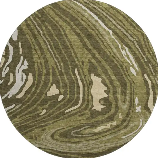 8' Olive Green Wheat And Ivory Abstract Washable Round Rug With UV Protection Photo 3