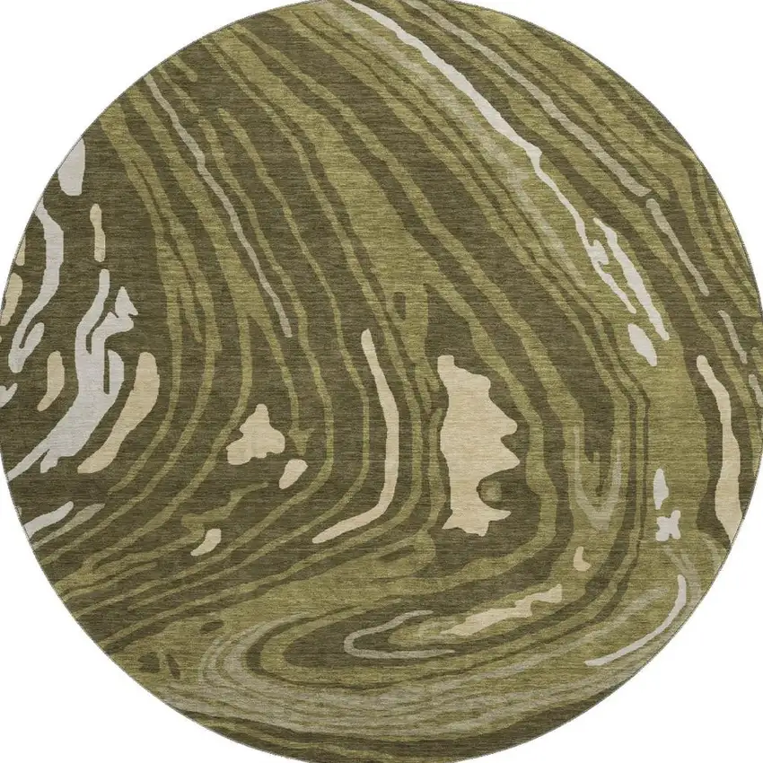 8' Olive Green Wheat And Ivory Abstract Washable Round Rug With UV Protection Photo 3