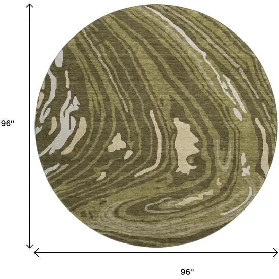 8' Olive Green Wheat And Ivory Abstract Washable Round Rug With UV Protection Photo 9