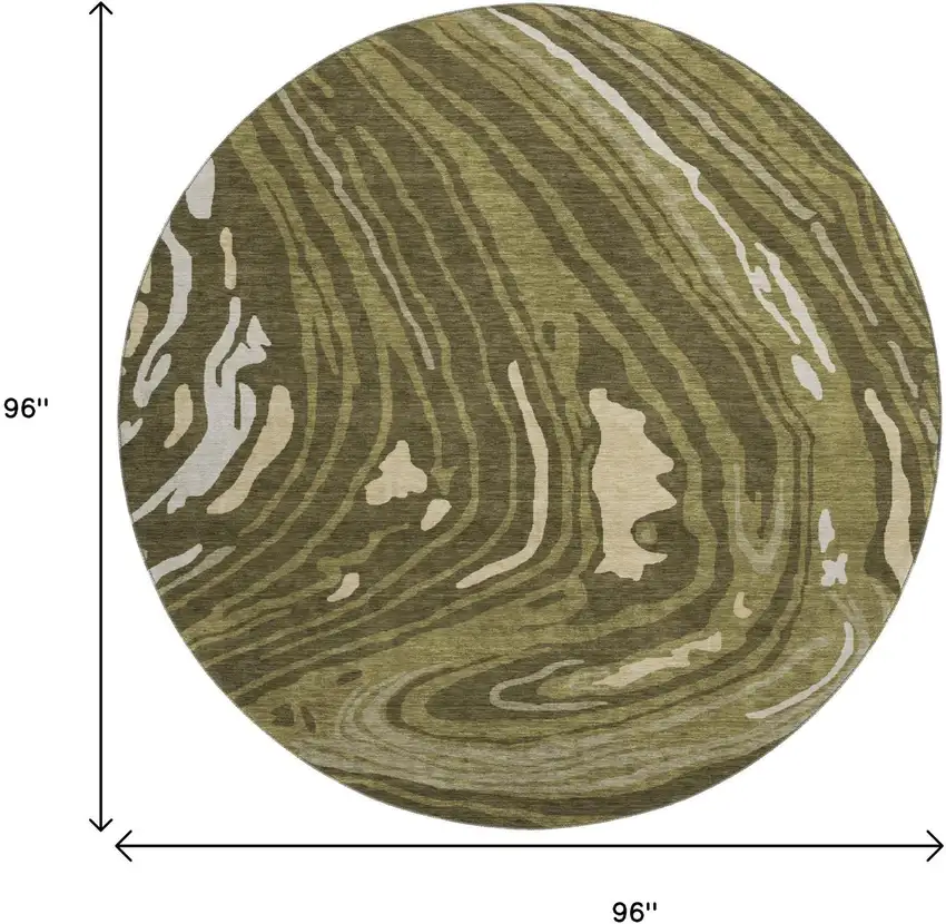 8' Olive Green Wheat And Ivory Abstract Washable Round Rug With UV Protection Photo 9