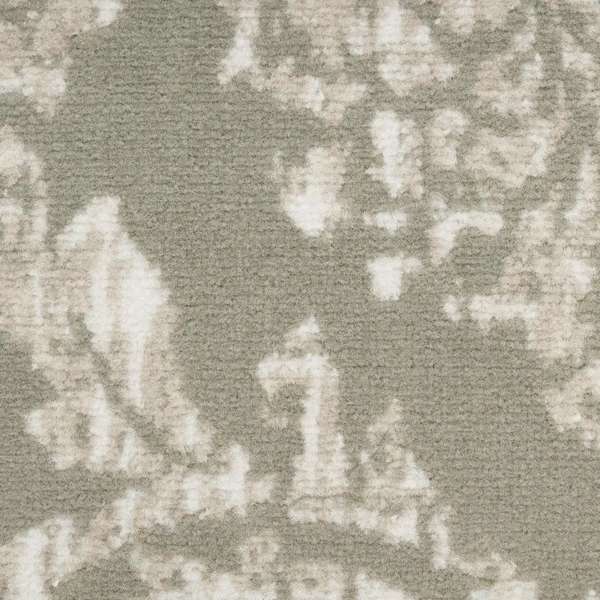 7' Olive Green and Ivory Damask Distressed Runner Rug Photo 9