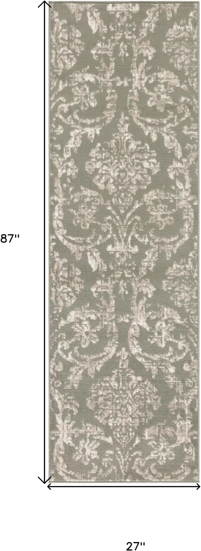 7' Olive Green and Ivory Damask Distressed Runner Rug Photo 3