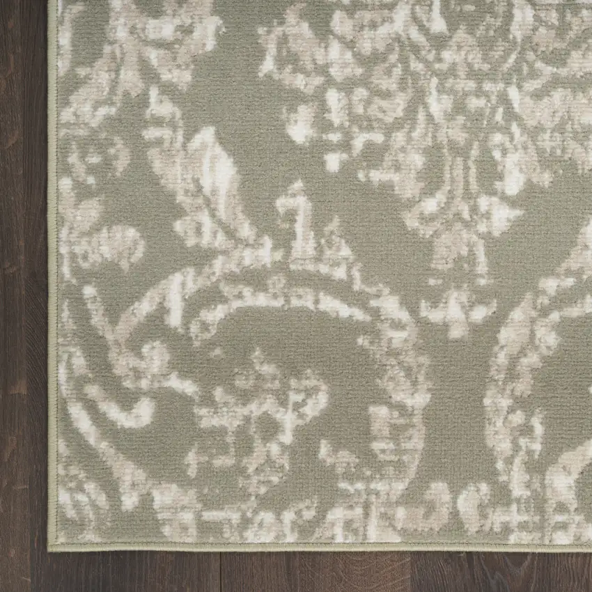 7' Olive Green and Ivory Damask Distressed Runner Rug Photo 8