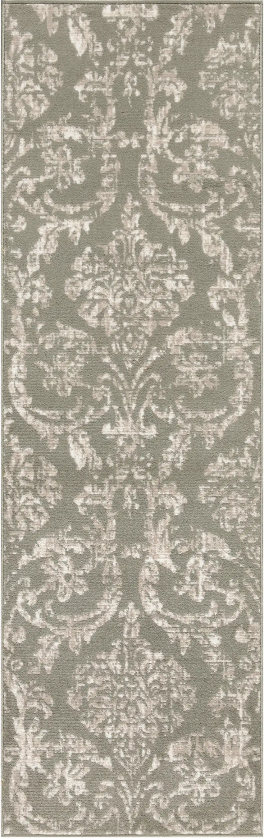7' Olive Green and Ivory Damask Distressed Runner Rug Photo 4