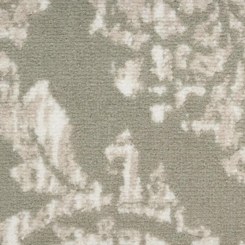 7' Olive Green and Ivory Damask Distressed Runner Rug Photo 5