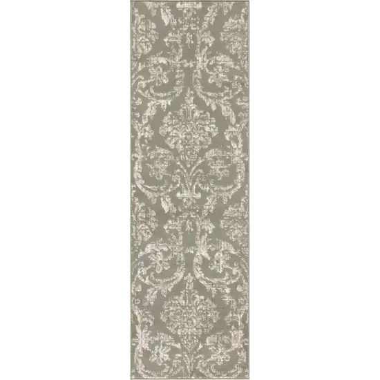 7' Olive Green and Ivory Damask Distressed Runner Rug Photo 1