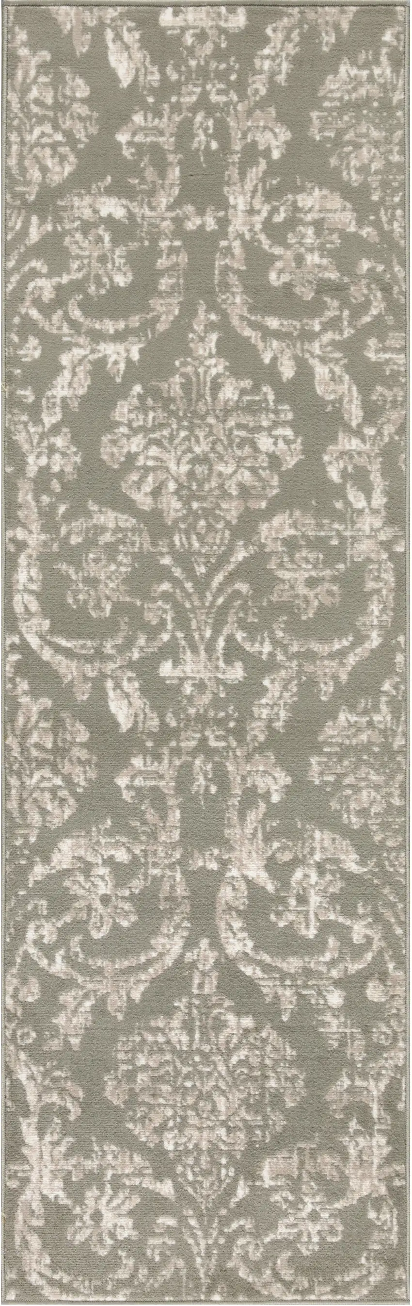 7' Olive Green and Ivory Damask Distressed Runner Rug Photo 1