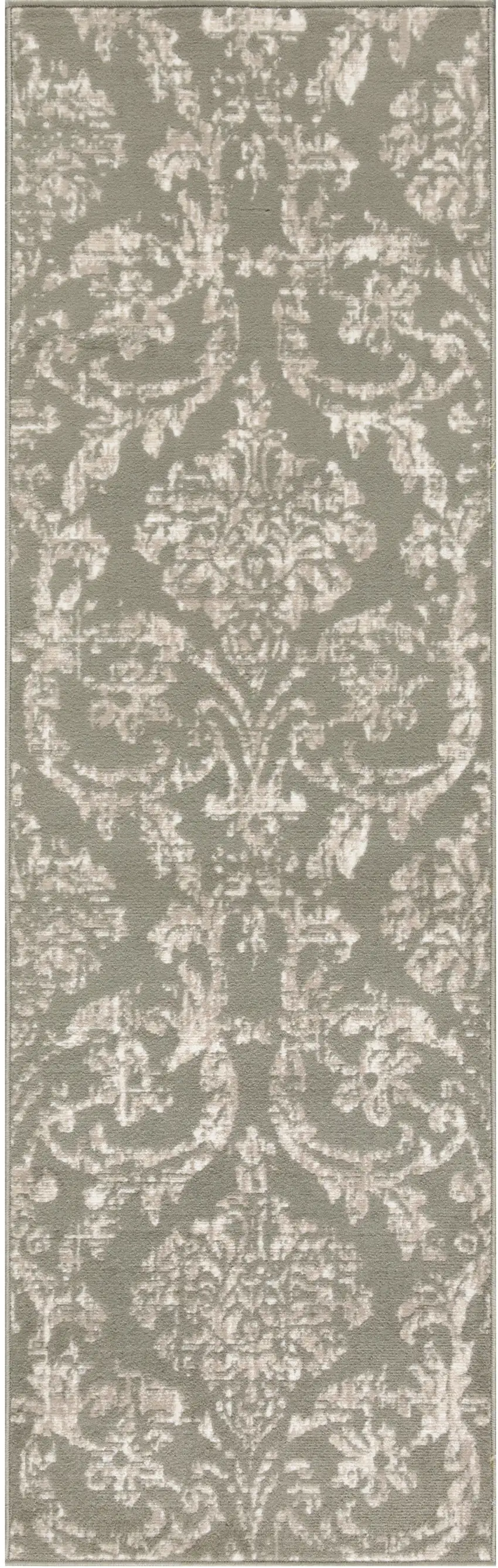 7' Olive Green and Ivory Damask Distressed Runner Rug Photo 2