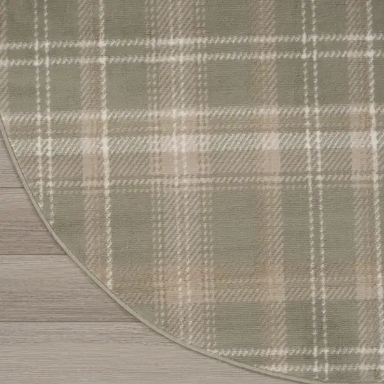 8' Olive Green and Ivory Plaid Round Rug Photo 6