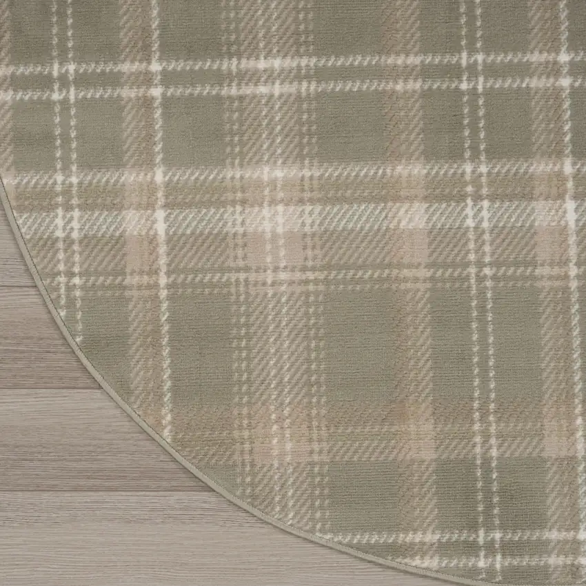 8' Olive Green and Ivory Plaid Round Rug Photo 6