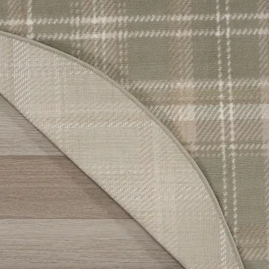 8' Olive Green and Ivory Plaid Round Rug Photo 8