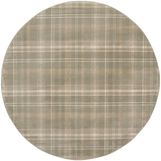 8' Olive Green and Ivory Plaid Round Rug Photo 4