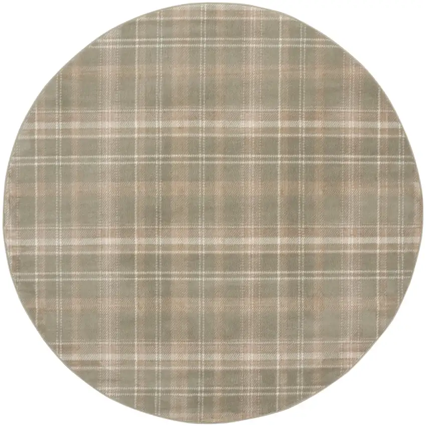 8' Olive Green and Ivory Plaid Round Rug Photo 4