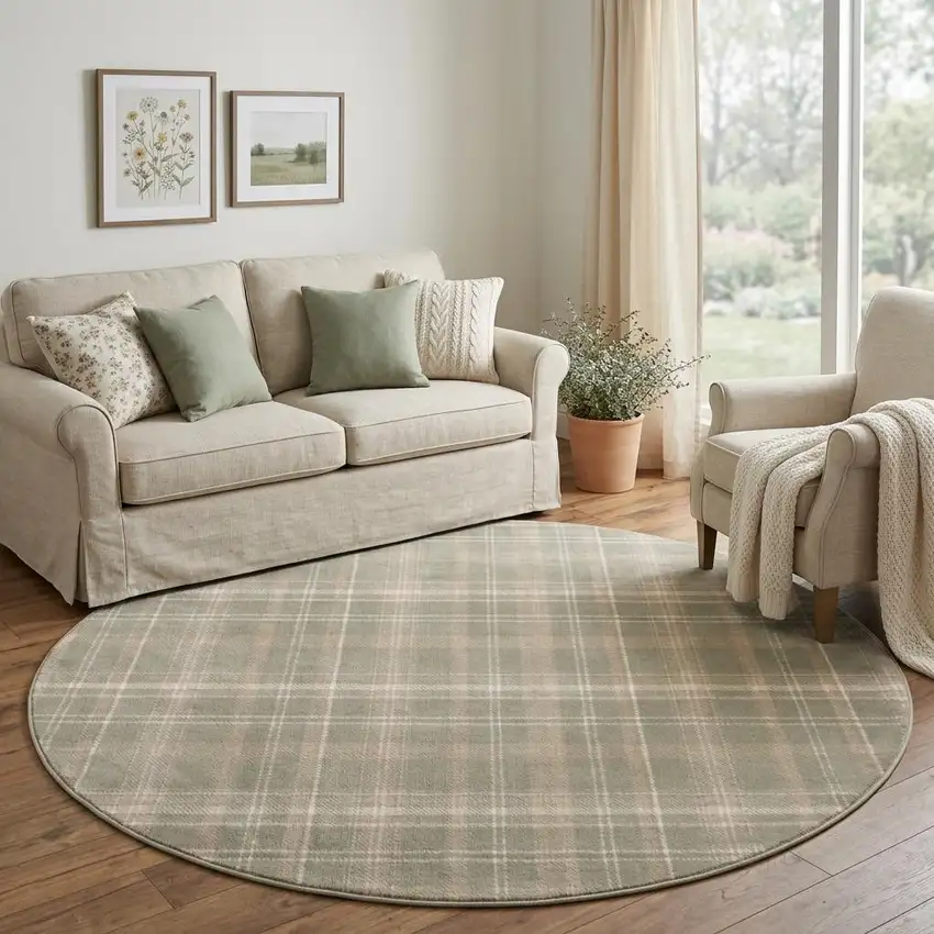 8' Olive Green and Ivory Plaid Round Rug Photo 1