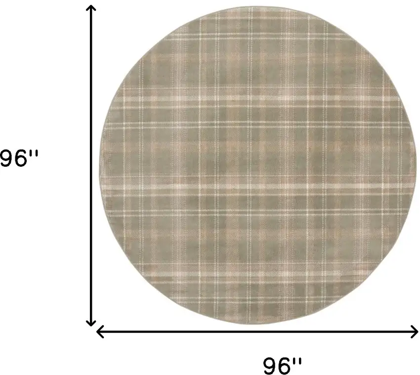 8' Olive Green and Ivory Plaid Round Rug Photo 3